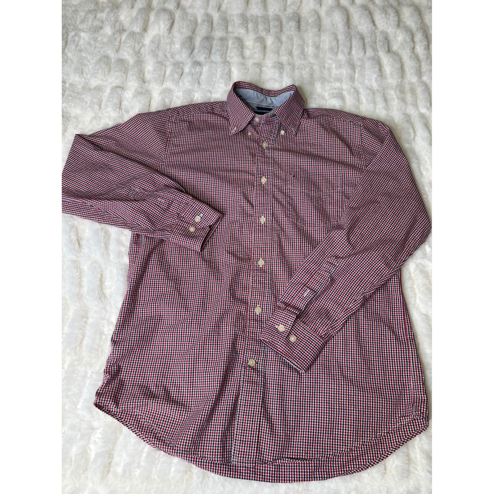 Tommy Hilfiger Mens Small Red Blue Gingham Check Button Down Shirt Long Sleeve